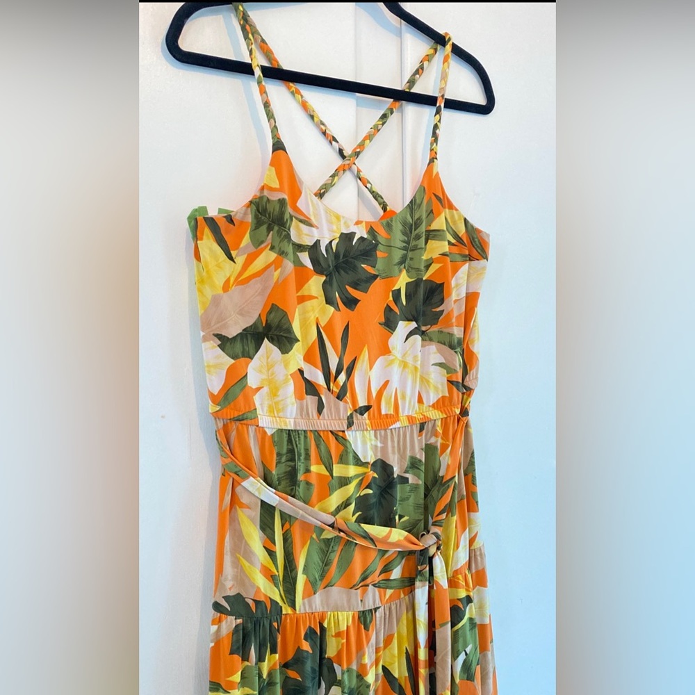 London Times Orange Green Floral Midi Sundress Braided Straps Criss Cross Back
